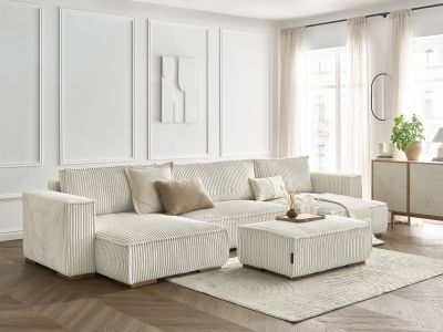 Canapé panoramique convertible coffre CHELSEA gros côtelé doux avec pouf