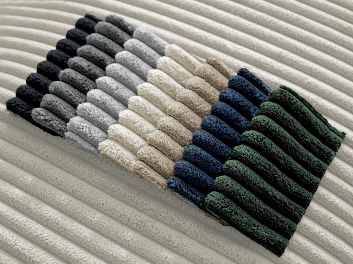 Canapé panoramique convertible coffre CHELSEA gros côtelé doux avec pouf