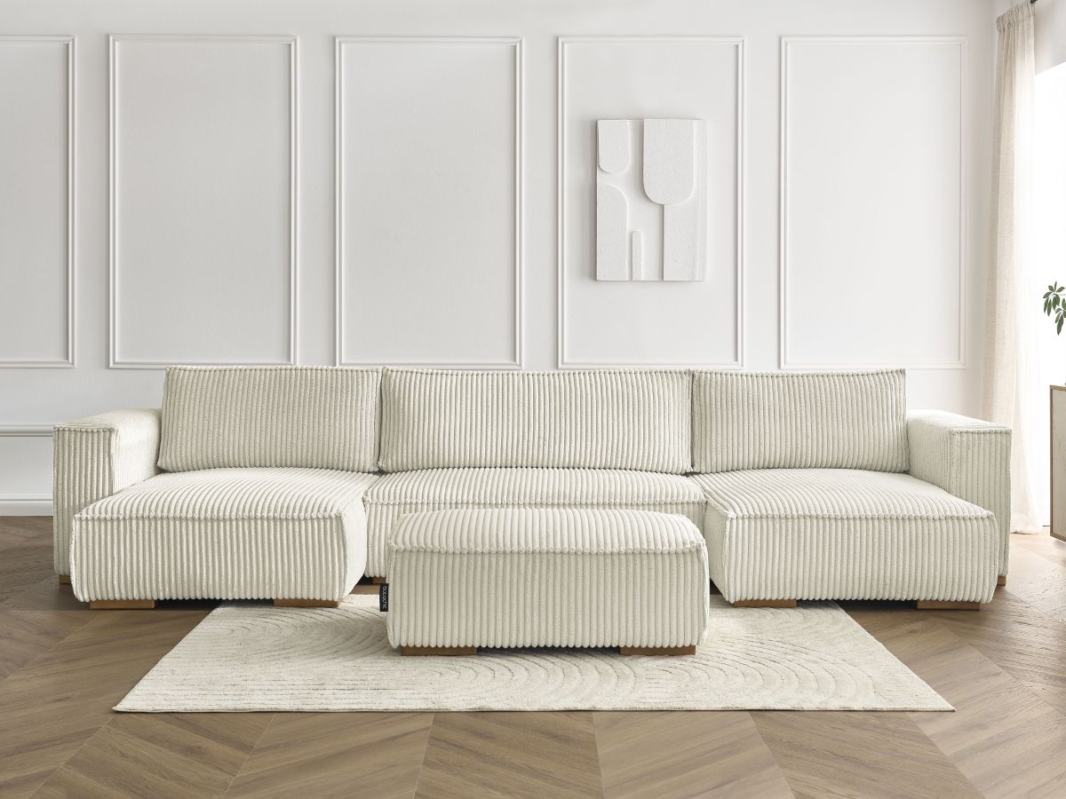 Canapé panoramique convertible coffre CHELSEA gros côtelé doux avec pouf beige — vue 5