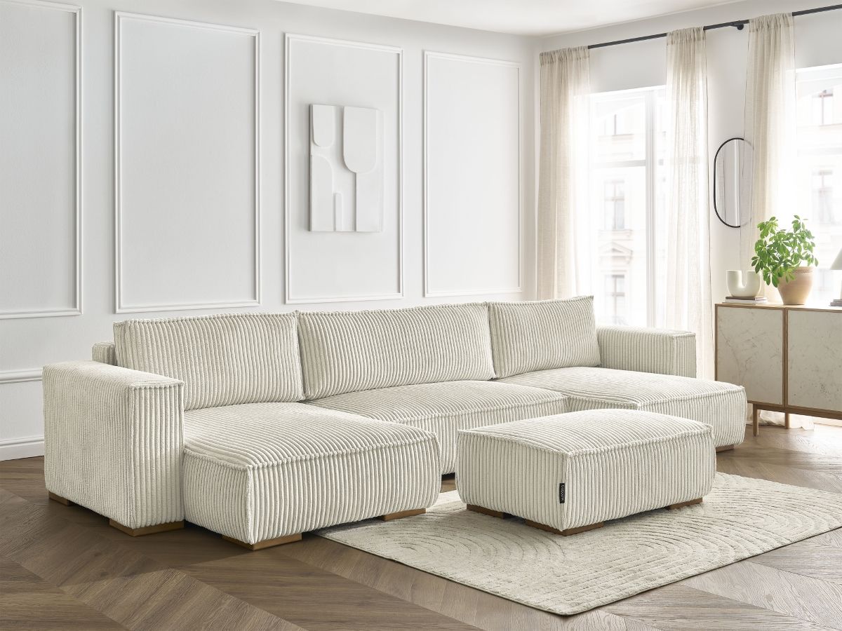 Canapé panoramique convertible coffre CHELSEA gros côtelé doux avec pouf