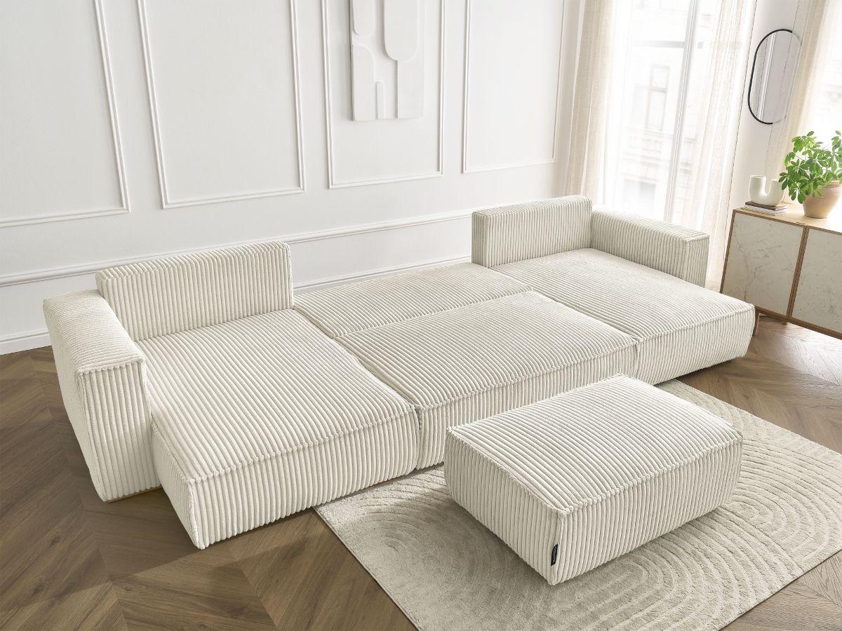 Canapé panoramique convertible coffre CHELSEA gros côtelé doux avec pouf