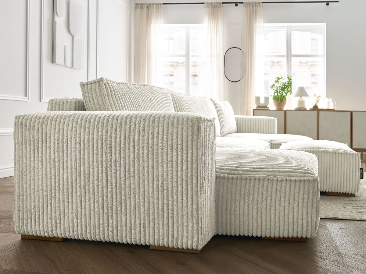 Canapé panoramique convertible coffre CHELSEA gros côtelé doux avec pouf