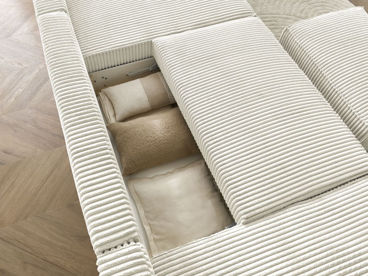 Canapé panoramique convertible coffre CHELSEA gros côtelé doux avec pouf