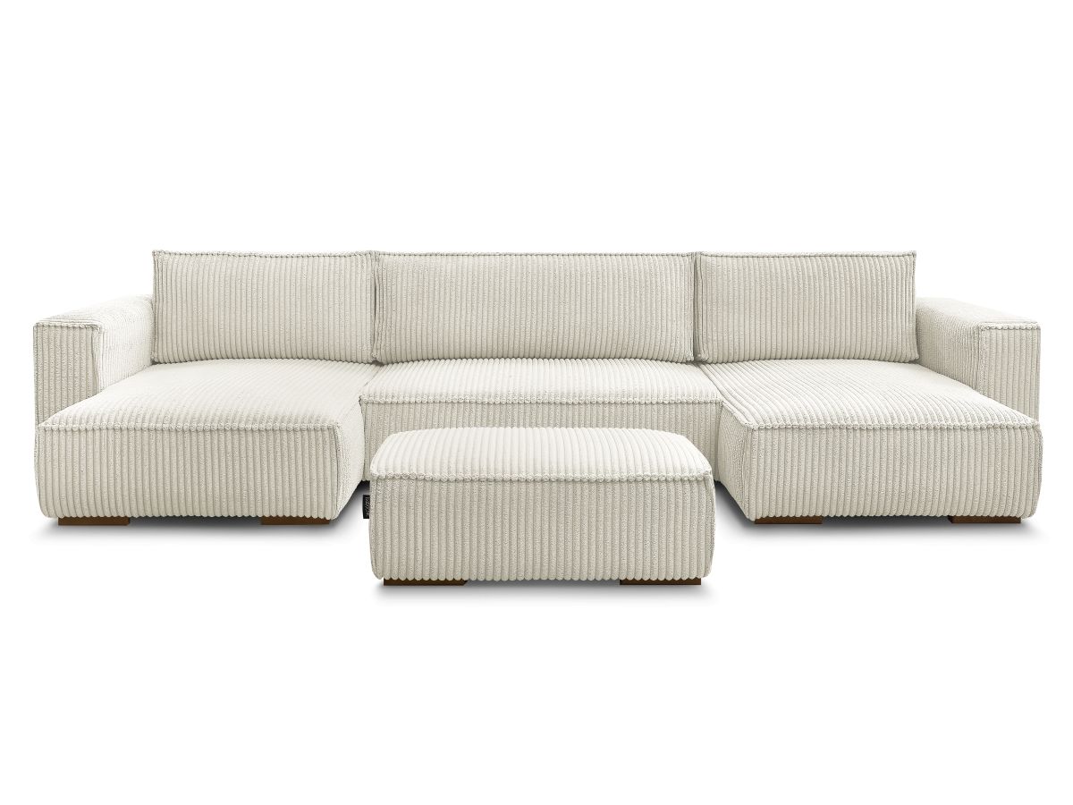 Canapé panoramique convertible coffre CHELSEA gros côtelé doux avec pouf