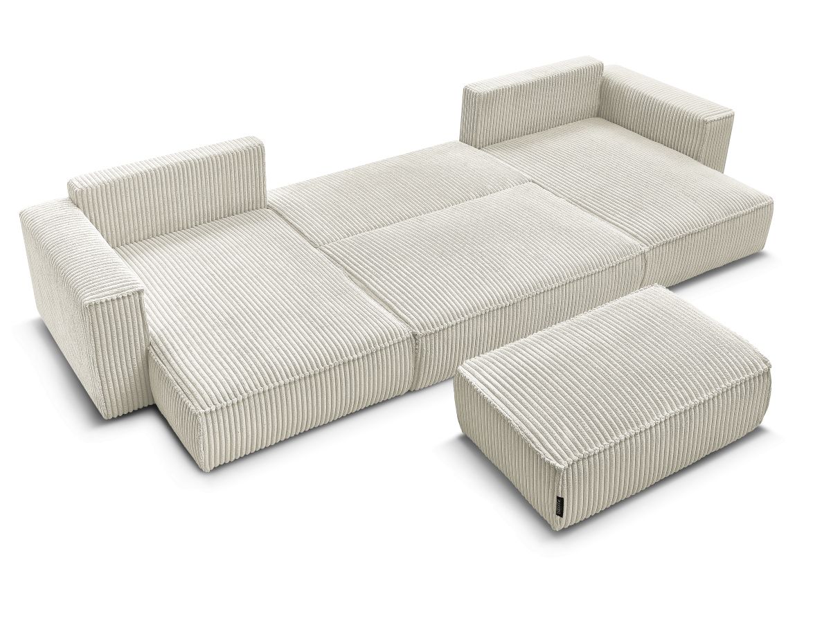Canapé panoramique convertible coffre CHELSEA gros côtelé doux avec pouf