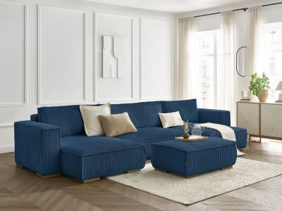 Canapé panoramique convertible coffre CHELSEA gros côtelé doux avec pouf