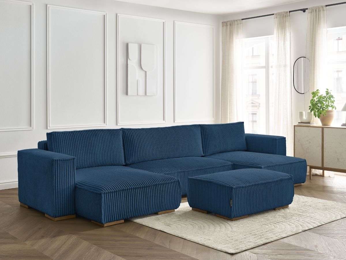 Canapé panoramique convertible coffre CHELSEA gros côtelé doux avec pouf bleu foncé — vue 5