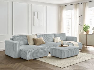 Canapé panoramique convertible coffre CHELSEA gros côtelé doux avec pouf
