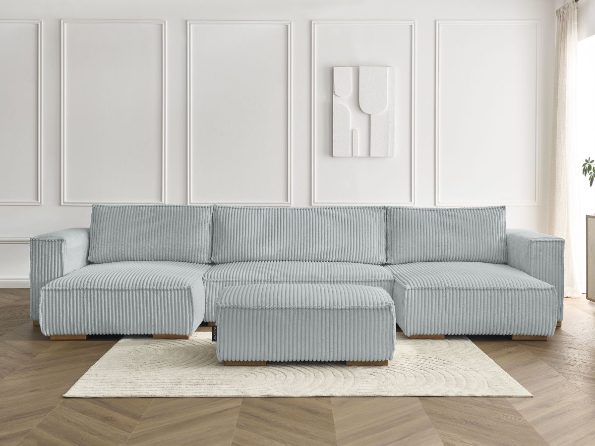 Canapé panoramique convertible coffre CHELSEA gros côtelé doux avec pouf gris clair — vue 5