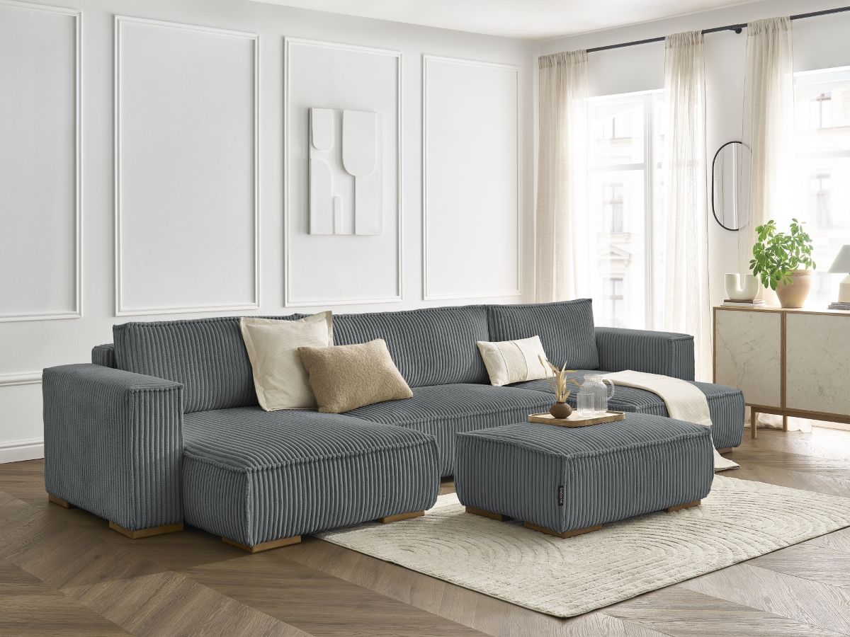 Canapé panoramique convertible coffre CHELSEA gros côtelé doux avec pouf