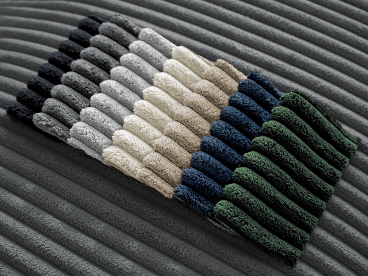 Canapé panoramique convertible coffre CHELSEA gros côtelé doux avec pouf