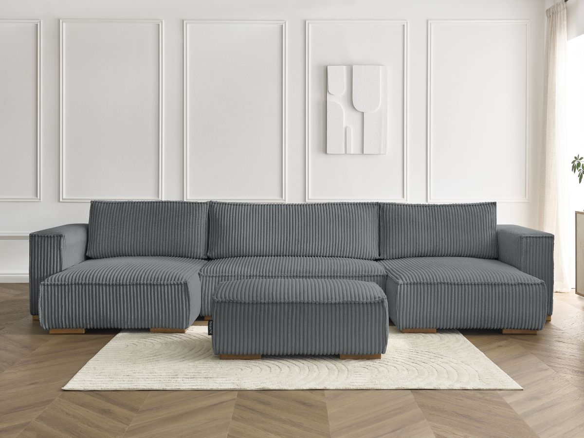 Canapé panoramique convertible coffre CHELSEA gros côtelé doux avec pouf gris foncé — vue 5