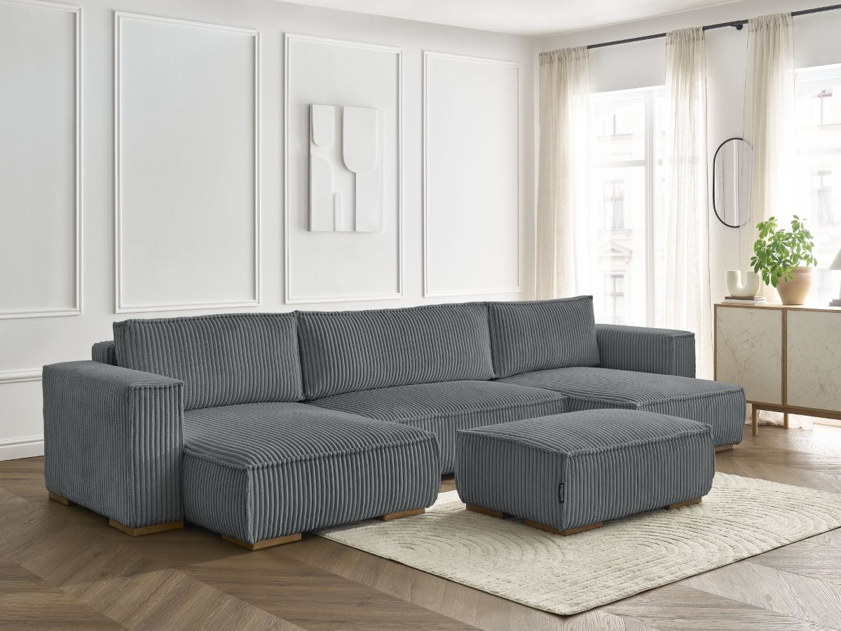 Canapé panoramique convertible coffre CHELSEA gros côtelé doux avec pouf