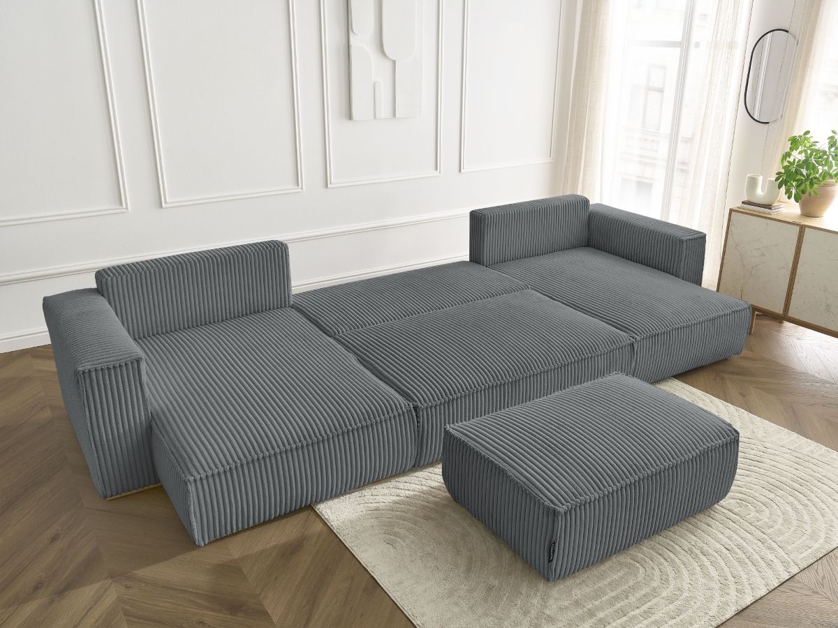 Canapé panoramique convertible coffre CHELSEA gros côtelé doux avec pouf