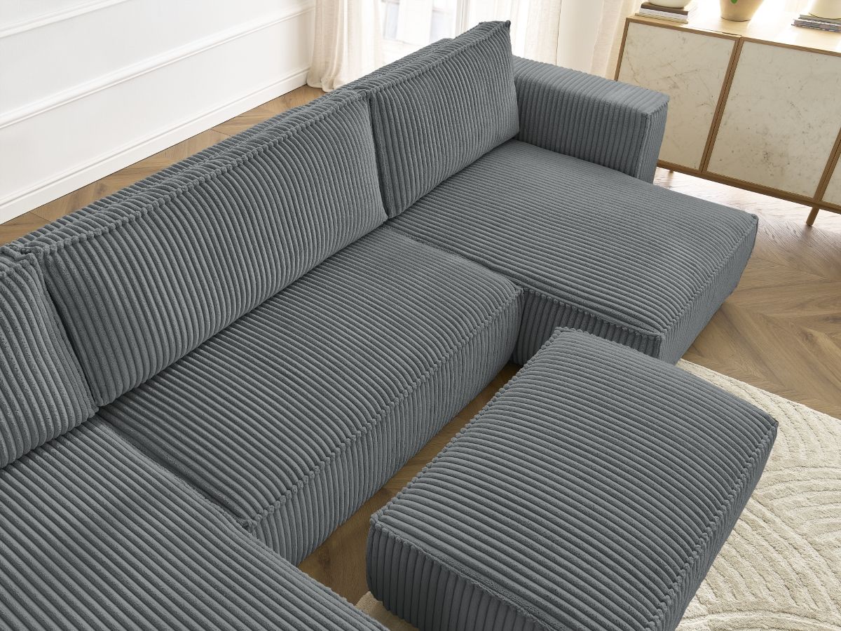 Canapé panoramique convertible coffre CHELSEA gros côtelé doux avec pouf