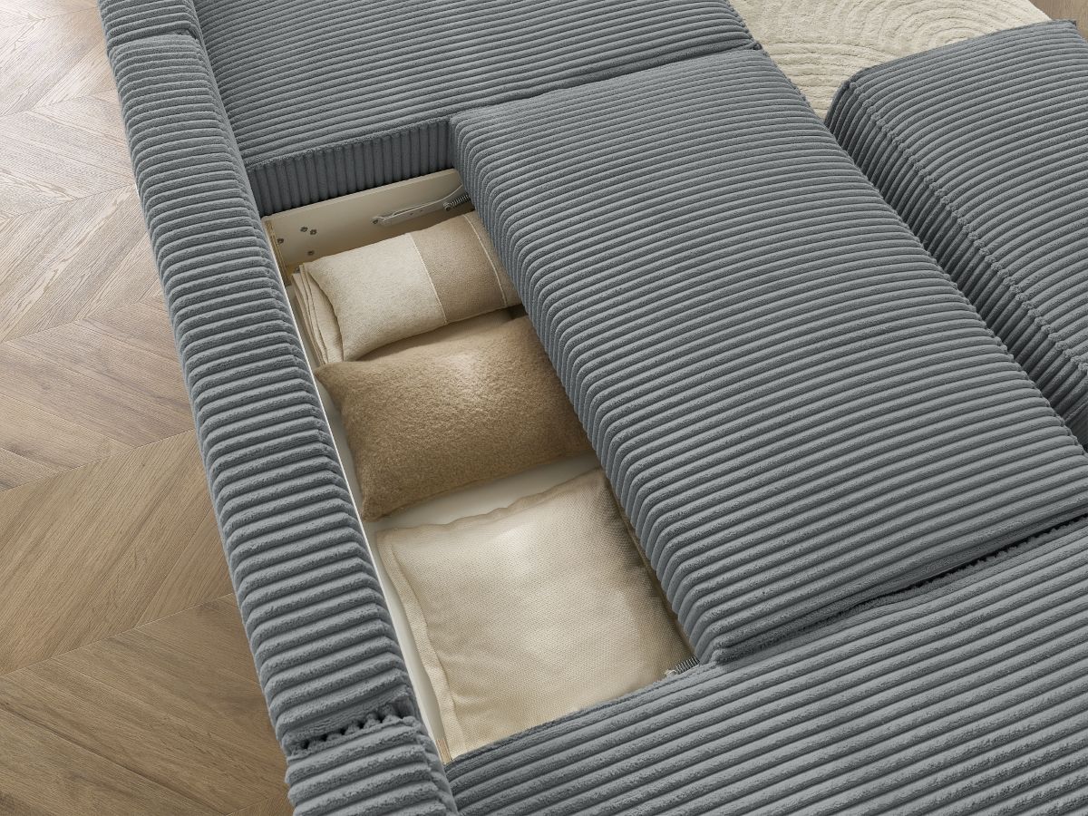 Canapé panoramique convertible coffre CHELSEA gros côtelé doux avec pouf