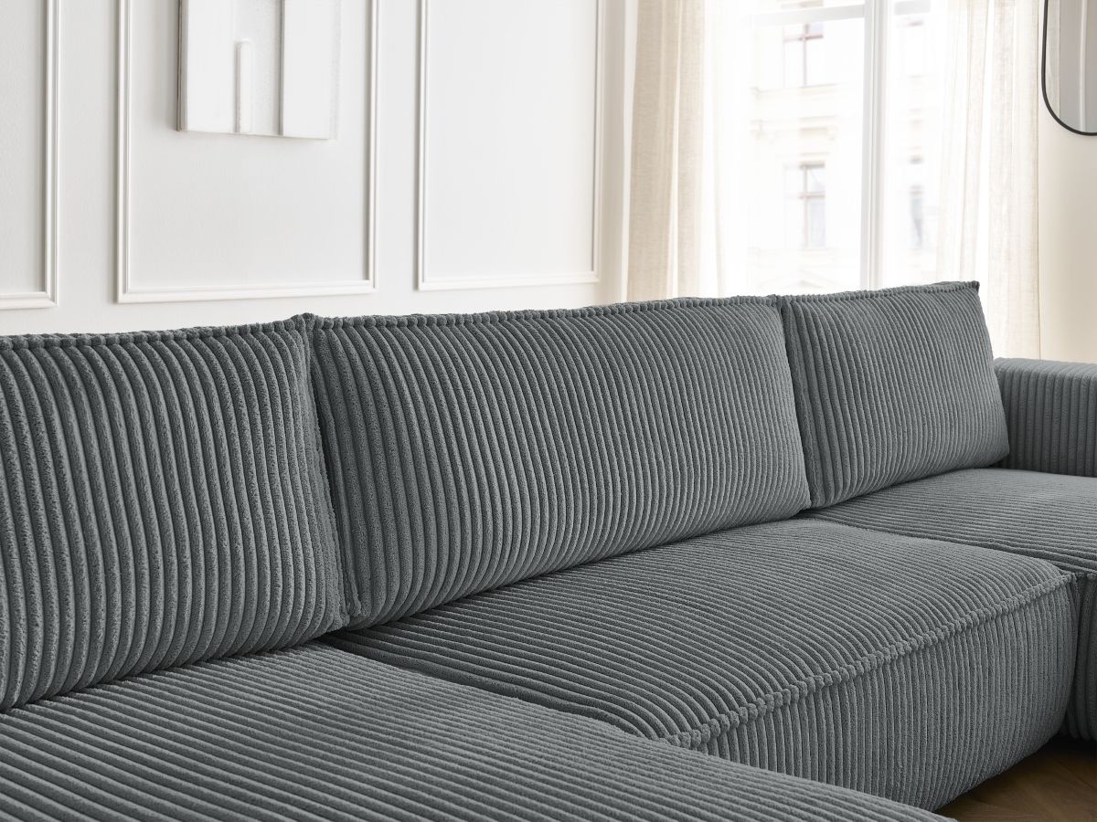 Canapé panoramique convertible coffre CHELSEA gros côtelé doux avec pouf