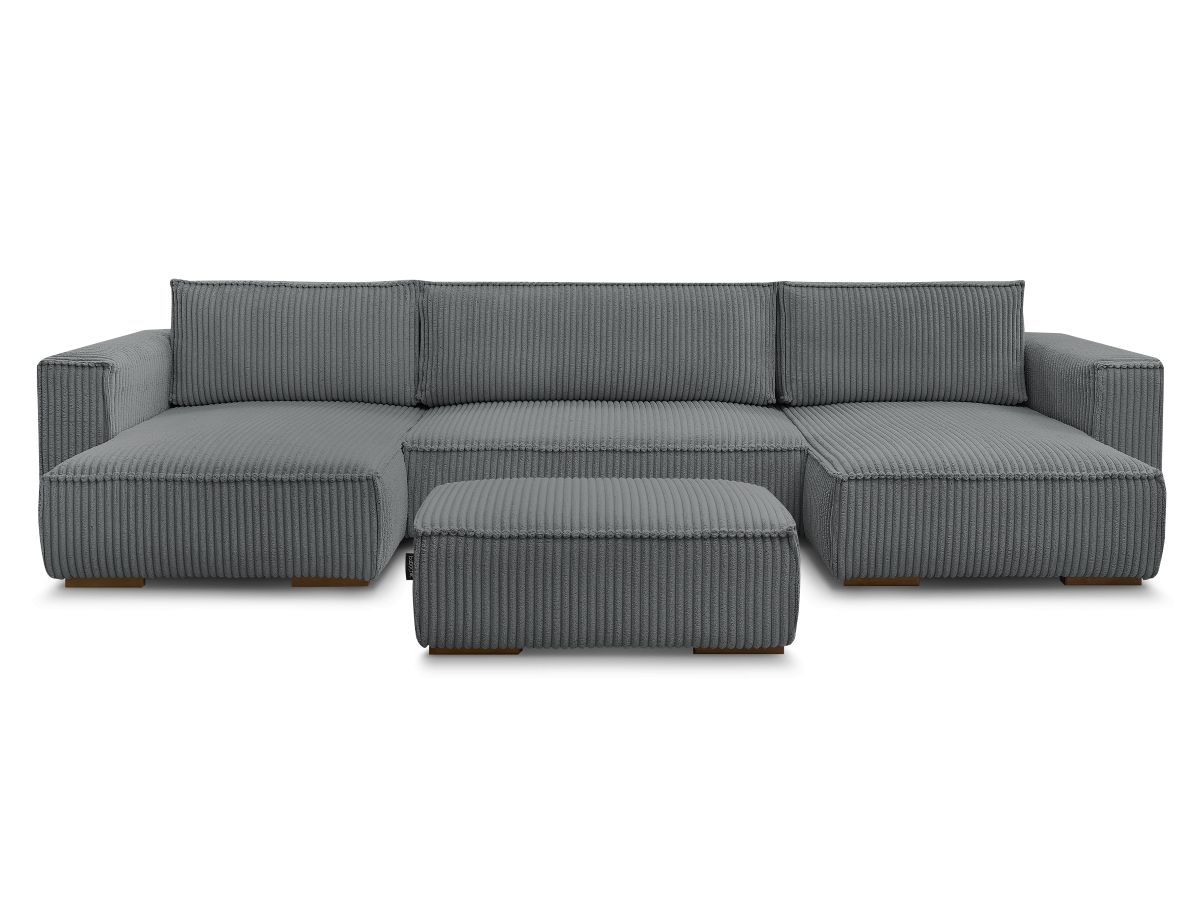 Canapé panoramique convertible coffre CHELSEA gros côtelé doux avec pouf