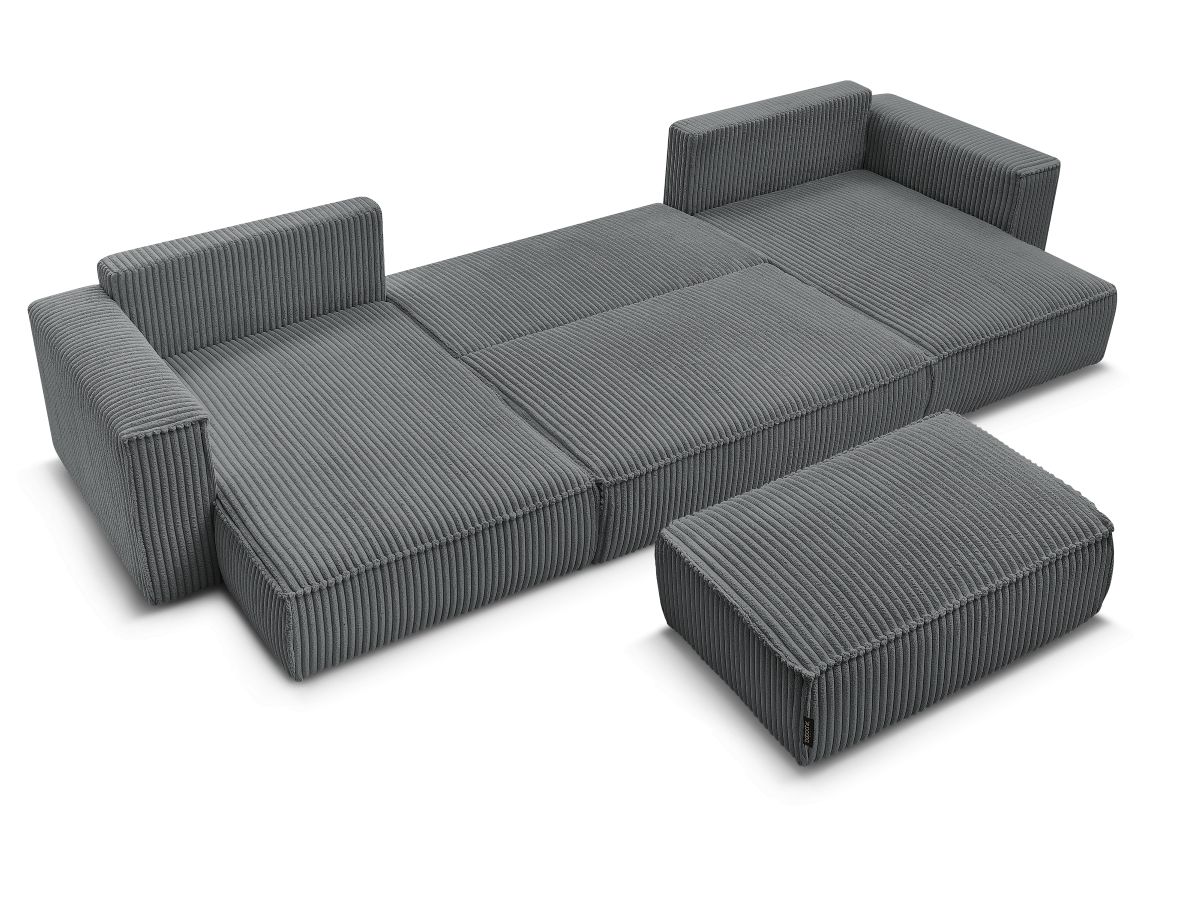 Canapé panoramique convertible coffre CHELSEA gros côtelé doux avec pouf