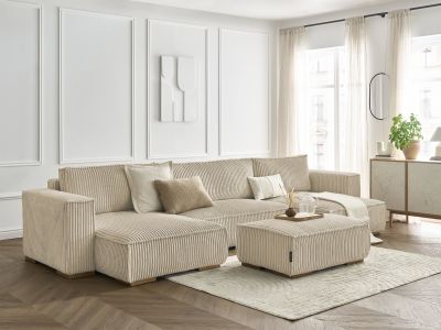 Canapé panoramique convertible coffre CHELSEA gros côtelé doux avec pouf