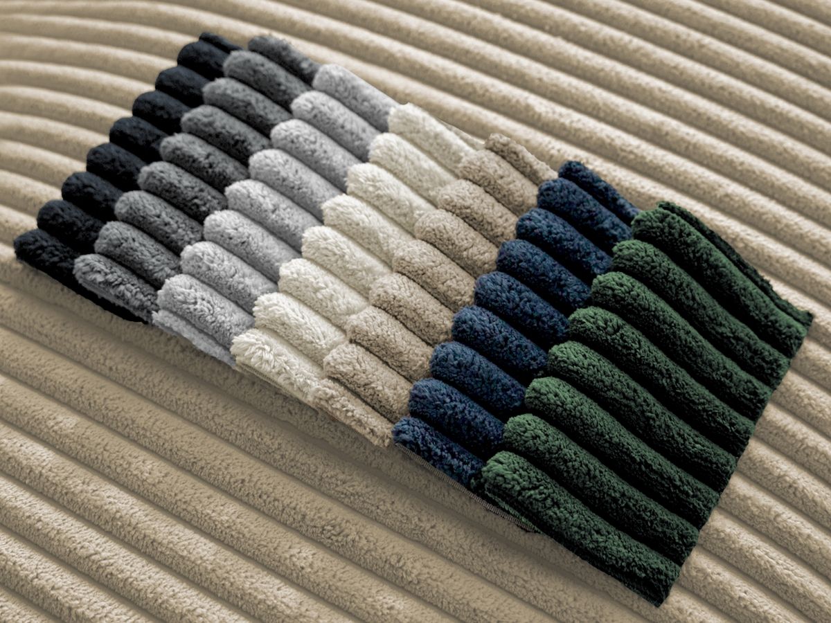 Canapé panoramique convertible coffre CHELSEA gros côtelé doux avec pouf