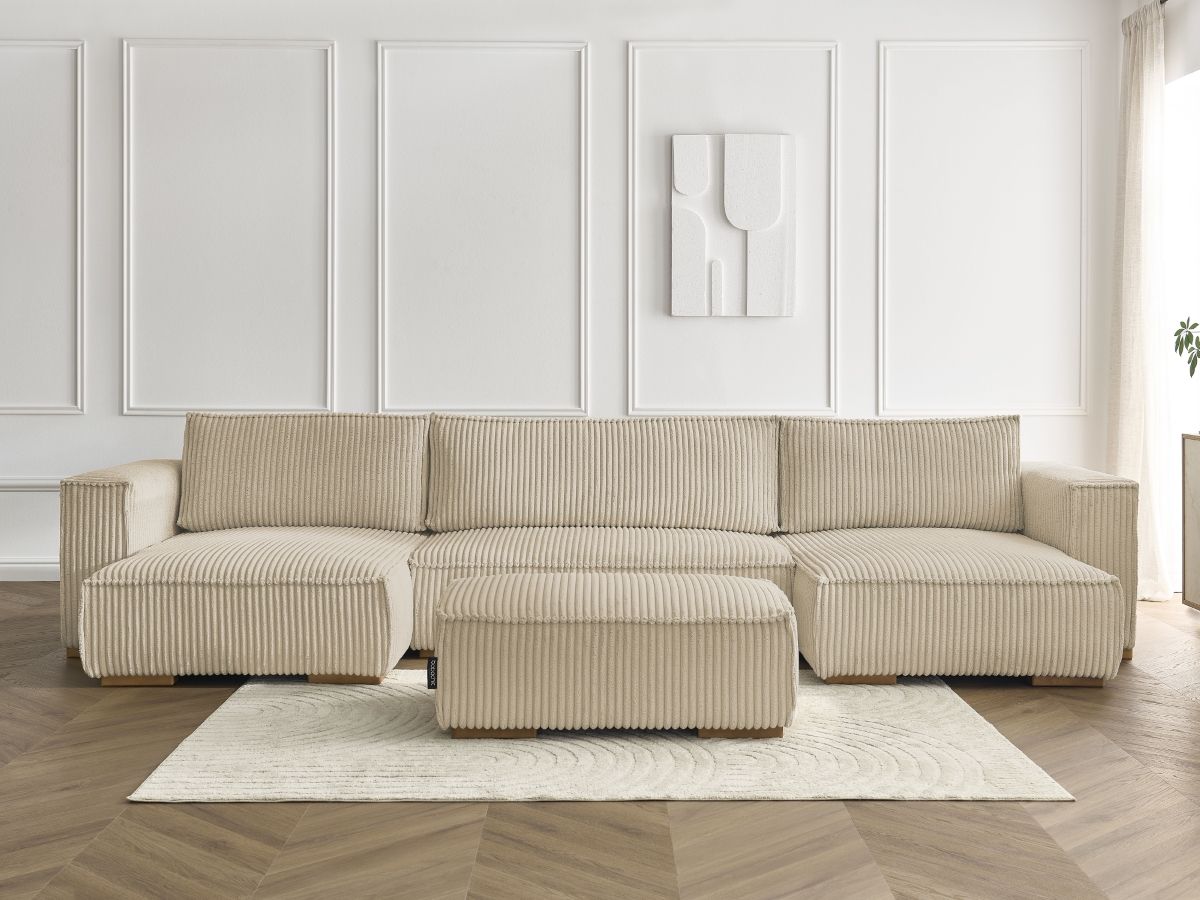 Canapé panoramique convertible coffre CHELSEA gros côtelé doux avec pouf taupe — vue 5