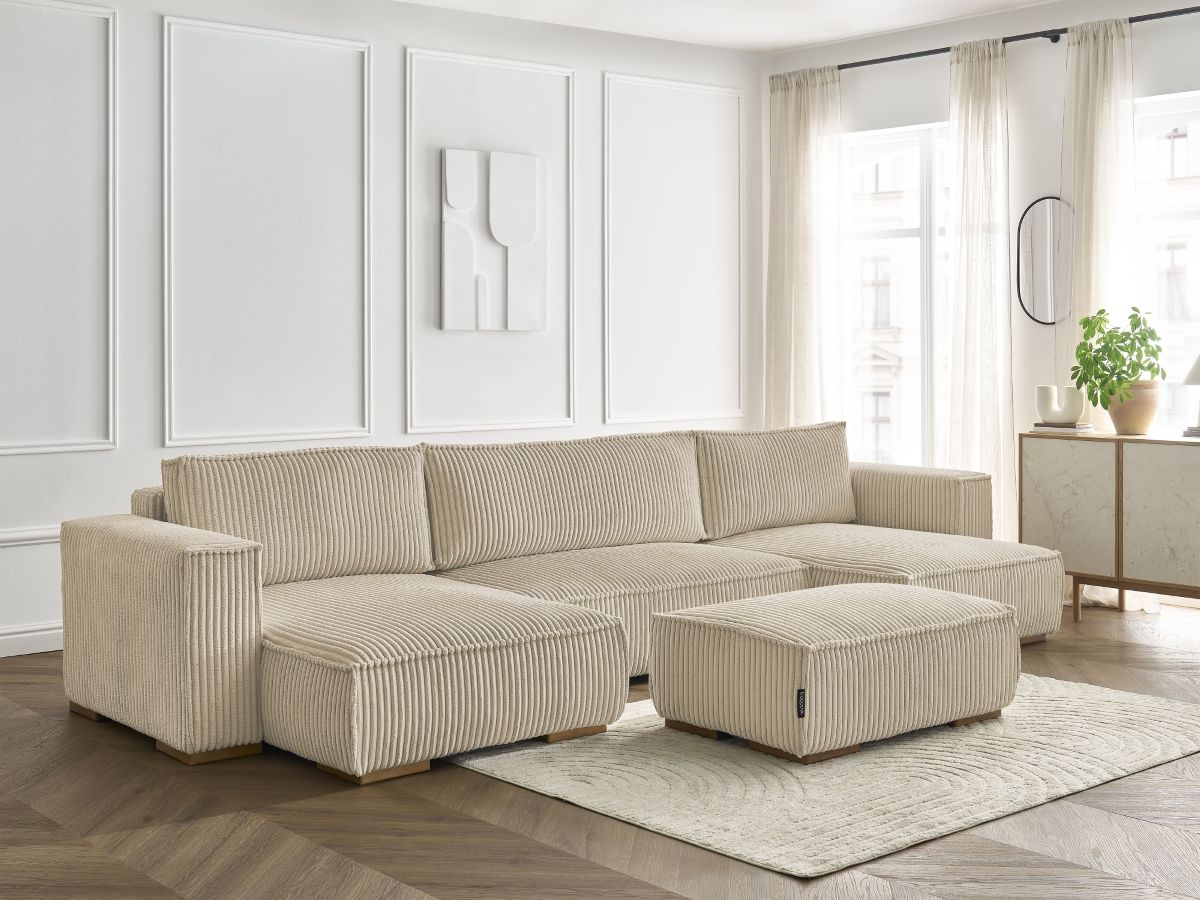 Canapé panoramique convertible coffre CHELSEA gros côtelé doux avec pouf