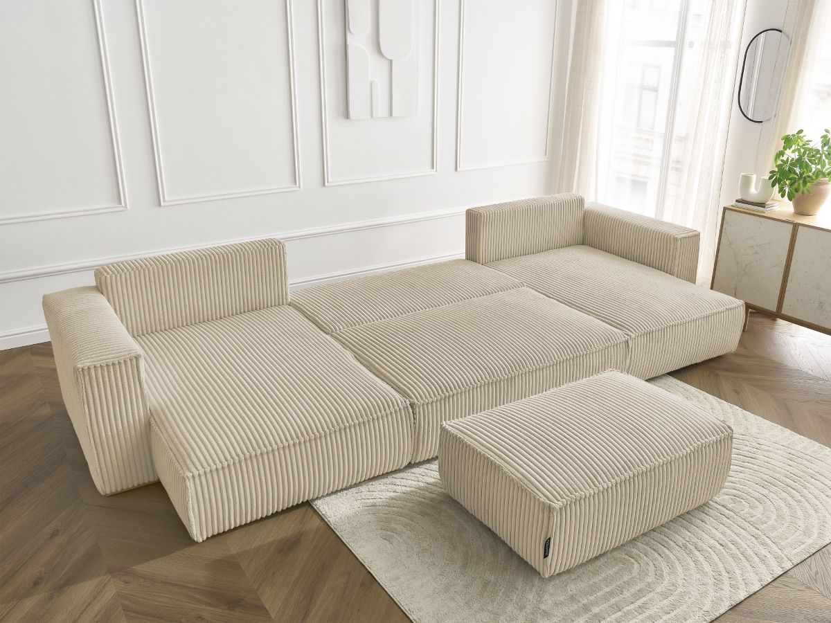 Canapé panoramique convertible coffre CHELSEA gros côtelé doux avec pouf