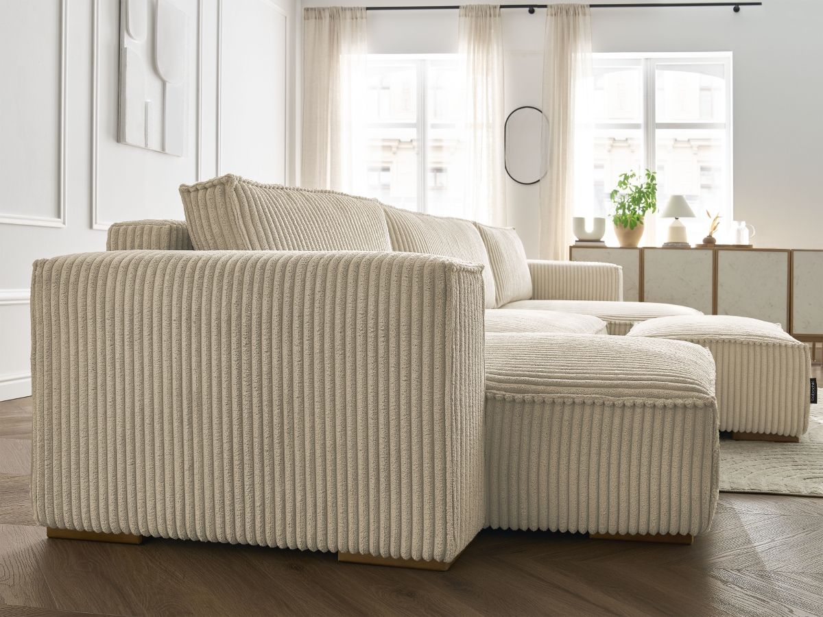 Canapé panoramique convertible coffre CHELSEA gros côtelé doux avec pouf