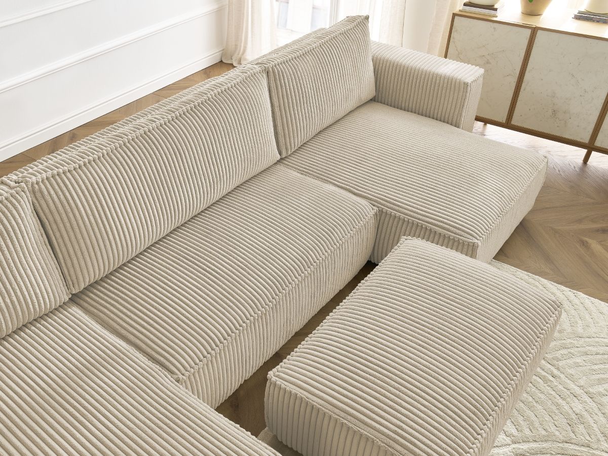 Canapé panoramique convertible coffre CHELSEA gros côtelé doux avec pouf