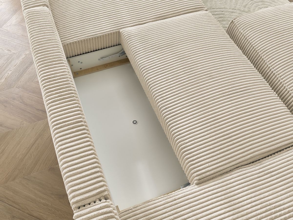Canapé panoramique convertible coffre CHELSEA gros côtelé doux avec pouf