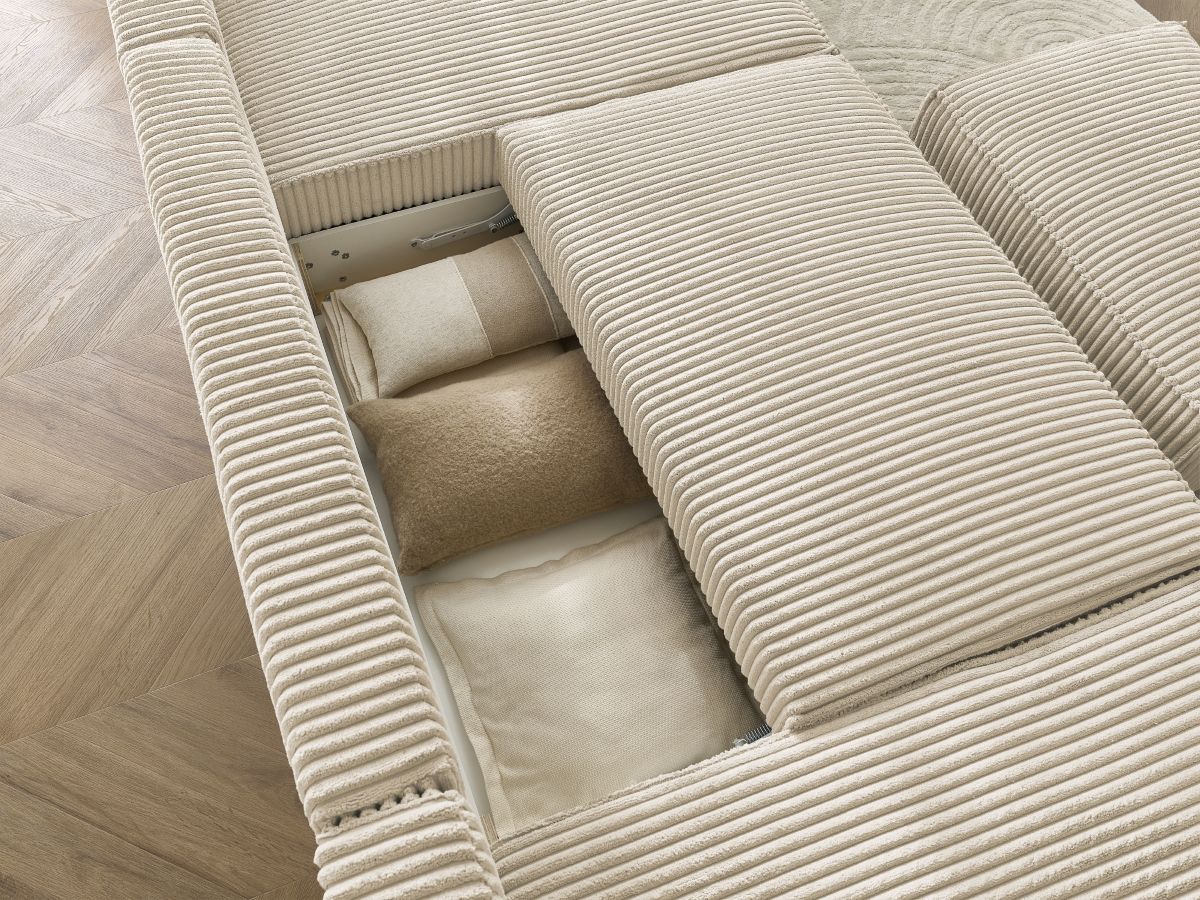 Canapé panoramique convertible coffre CHELSEA gros côtelé doux avec pouf