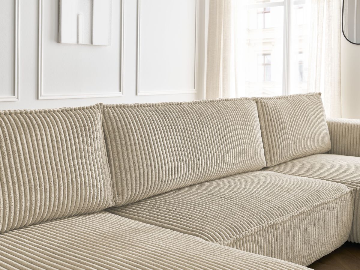 Canapé panoramique convertible coffre CHELSEA gros côtelé doux avec pouf