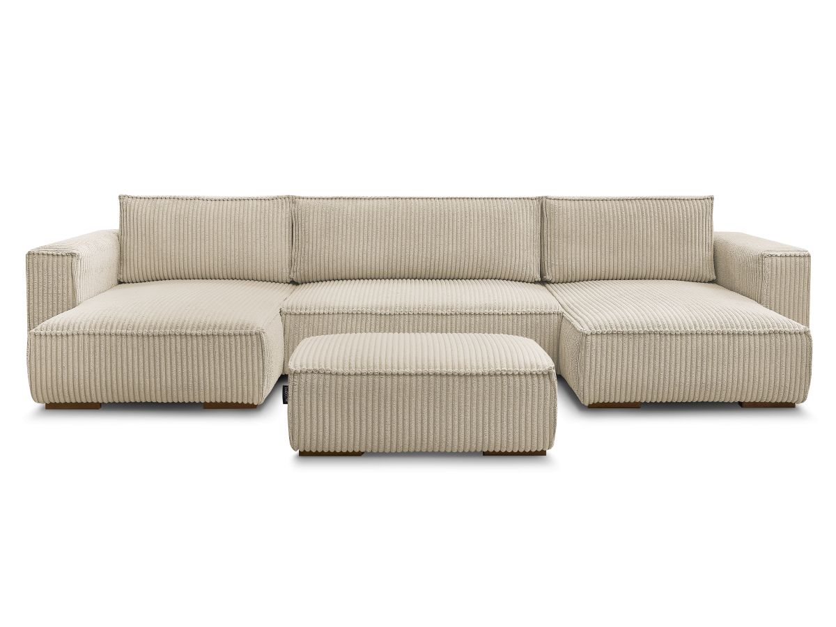 Canapé panoramique convertible coffre CHELSEA gros côtelé doux avec pouf