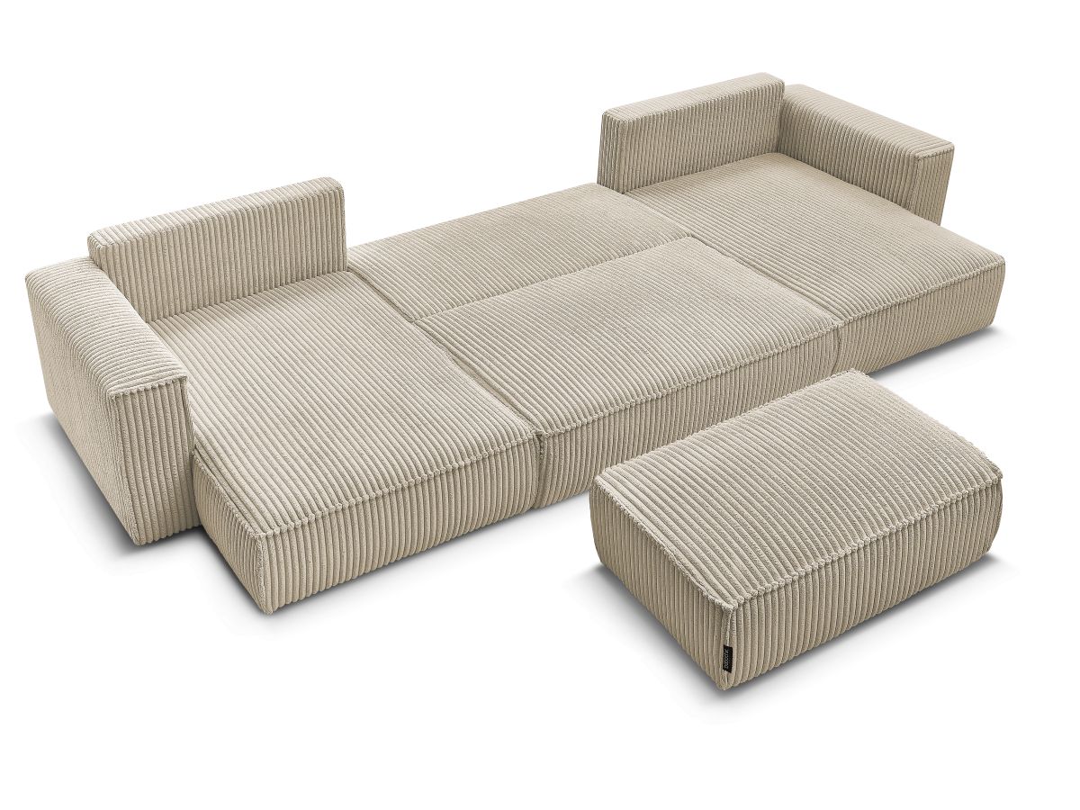 Canapé panoramique convertible coffre CHELSEA gros côtelé doux avec pouf
