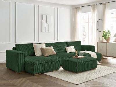 Canapé panoramique convertible coffre CHELSEA gros côtelé doux avec pouf