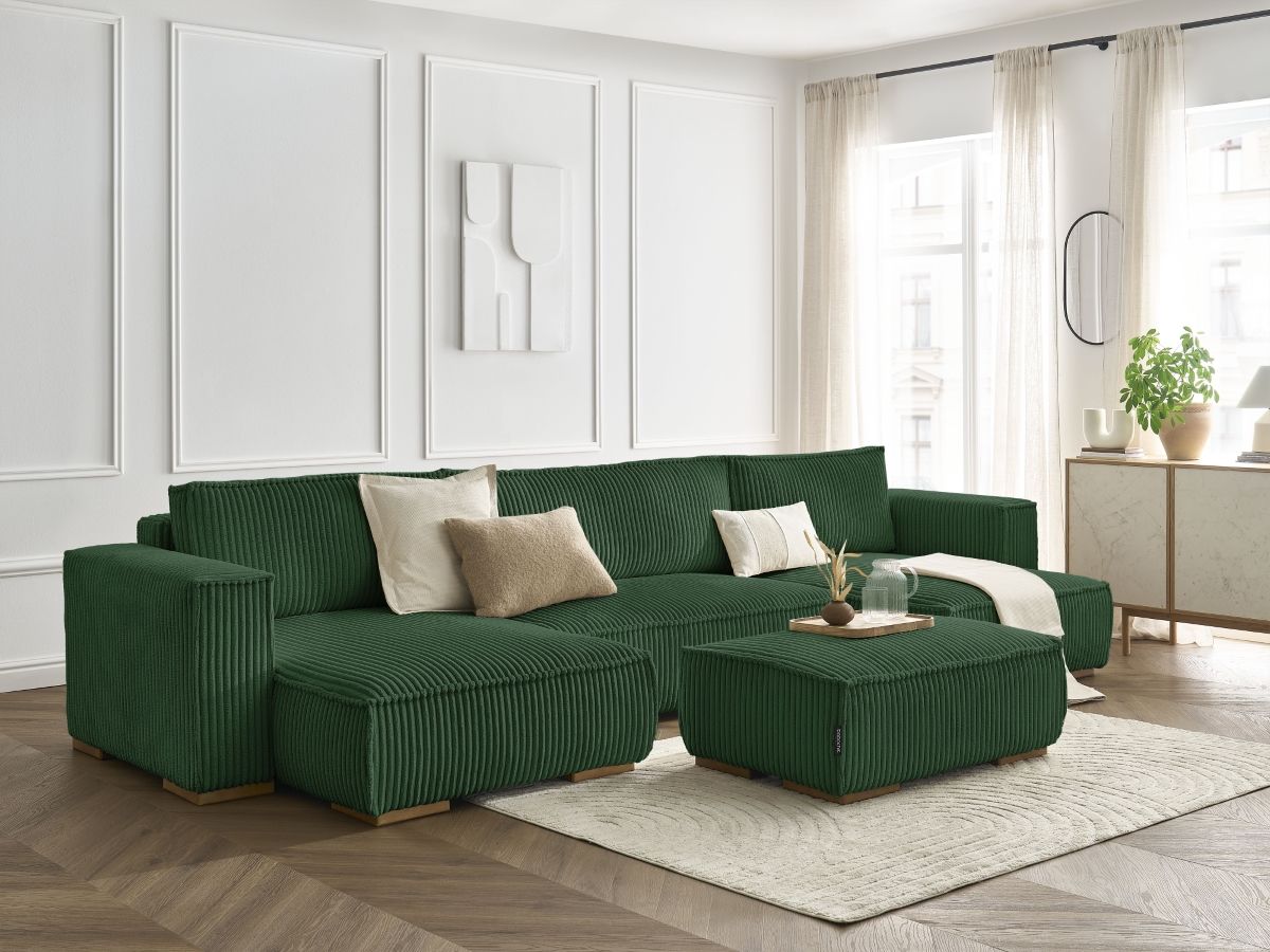 Canapé panoramique convertible coffre CHELSEA gros côtelé doux avec pouf