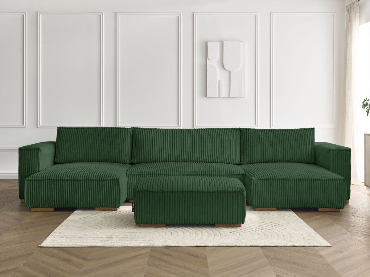 Canapé panoramique convertible coffre CHELSEA gros côtelé doux avec pouf vert   BOBOCHIC 5 places - Vue supplémentaire 3
