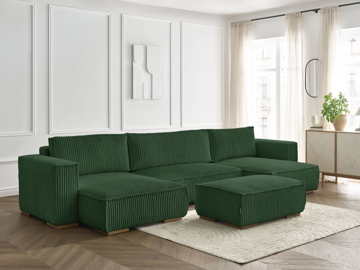 Canapé panoramique convertible coffre CHELSEA gros côtelé doux avec pouf