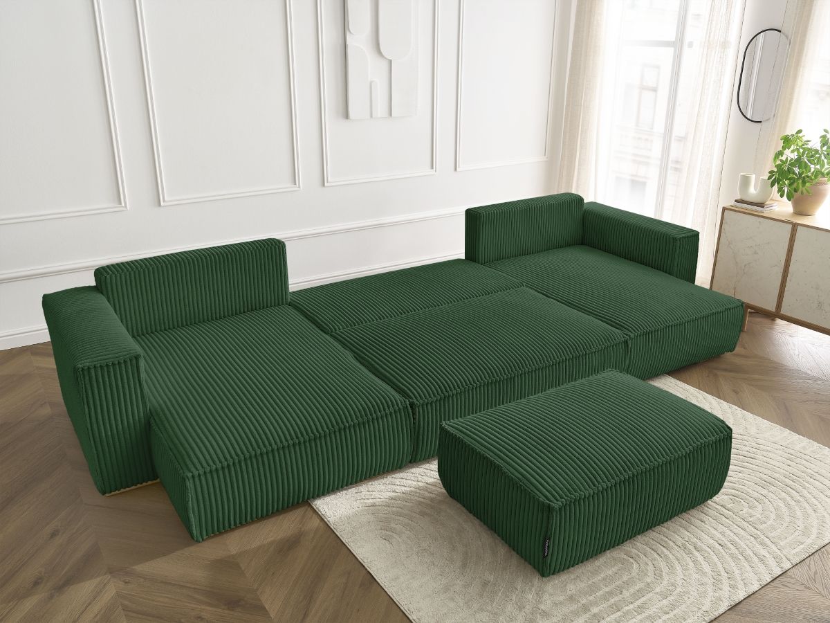 Canapé panoramique convertible coffre CHELSEA gros côtelé doux avec pouf