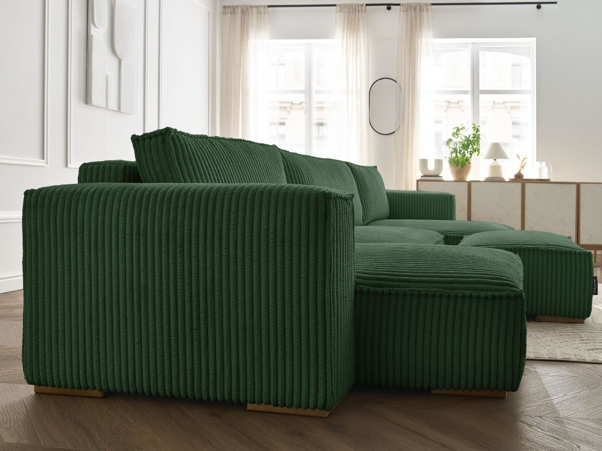 Canapé panoramique convertible coffre CHELSEA gros côtelé doux avec pouf