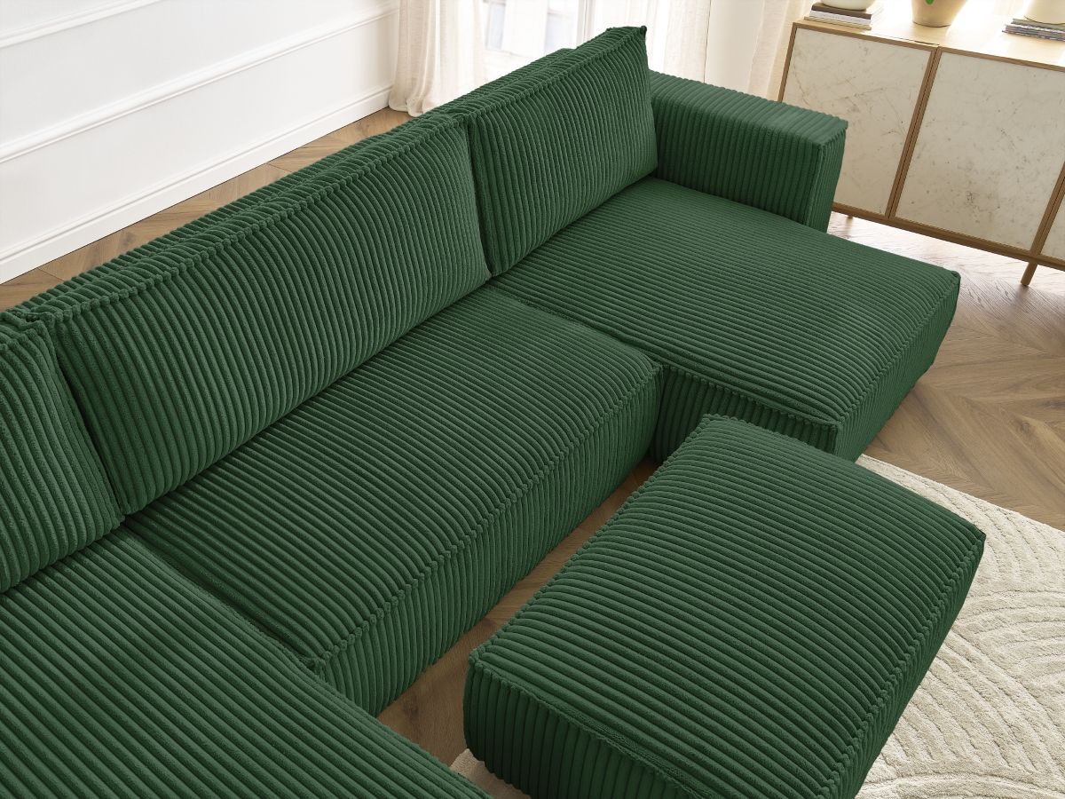 Canapé panoramique convertible coffre CHELSEA gros côtelé doux avec pouf