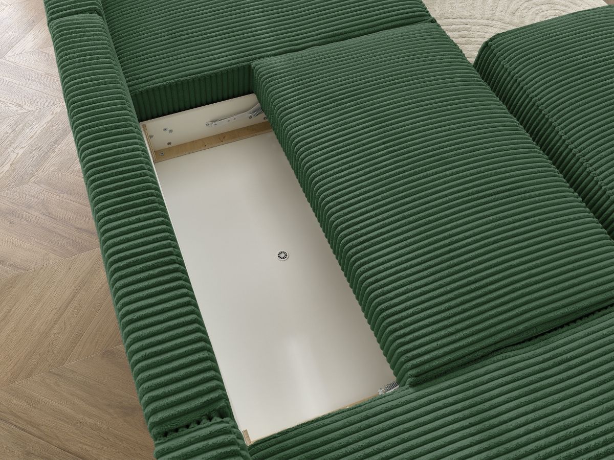 Canapé panoramique convertible coffre CHELSEA gros côtelé doux avec pouf