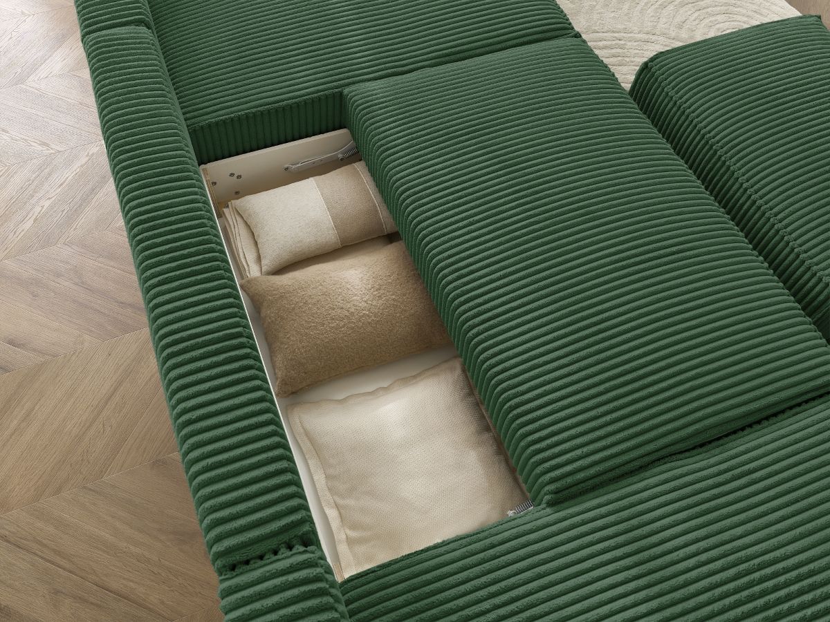 Canapé panoramique convertible coffre CHELSEA gros côtelé doux avec pouf