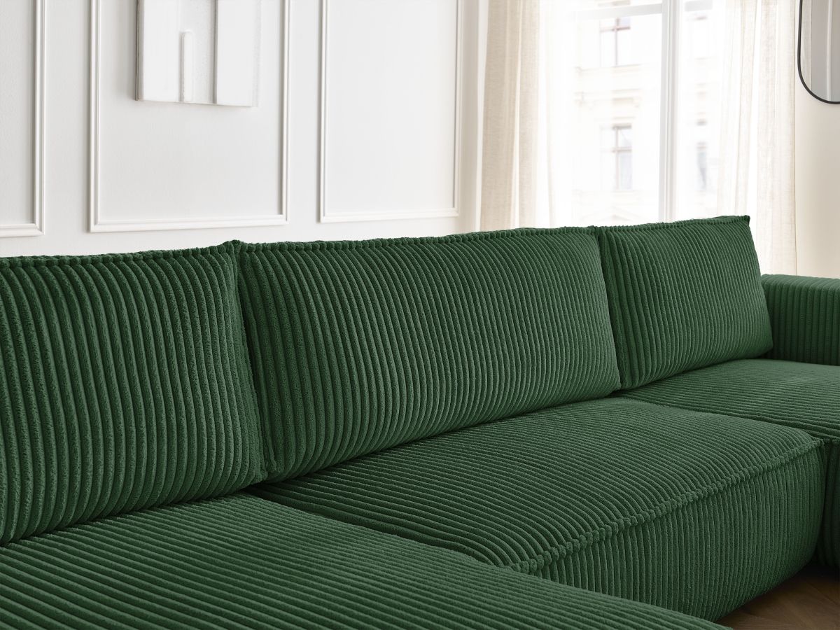 Canapé panoramique convertible coffre CHELSEA gros côtelé doux avec pouf