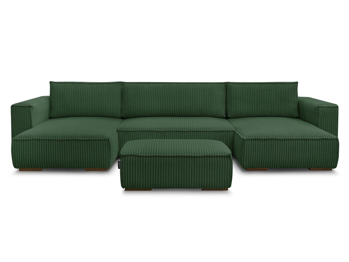 Canapé panoramique convertible coffre CHELSEA gros côtelé doux avec pouf