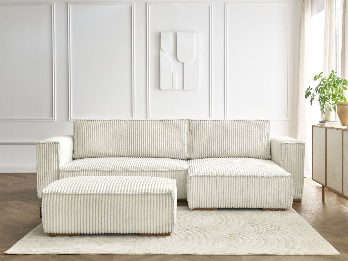 Canapé d'angle convertible réversible coffre CHELSEA gros côtelé doux avec pouf beige — vue 5
