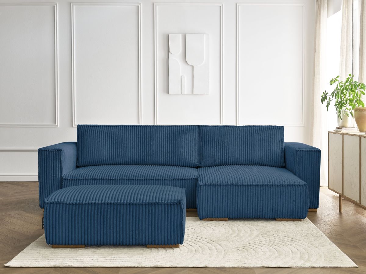 Canapé d'angle convertible réversible coffre CHELSEA gros côtelé doux avec pouf bleu foncé  réversible BOBOCHIC 4 places - Vue supplémentaire 3