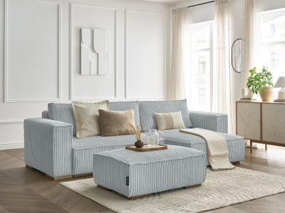 Canapé d'angle convertible réversible coffre CHELSEA gros côtelé doux avec pouf