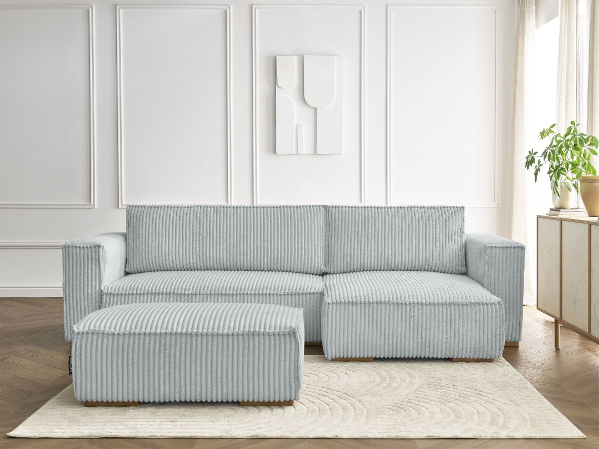Canapé d'angle convertible réversible coffre CHELSEA gros côtelé doux avec pouf gris clair — vue 5
